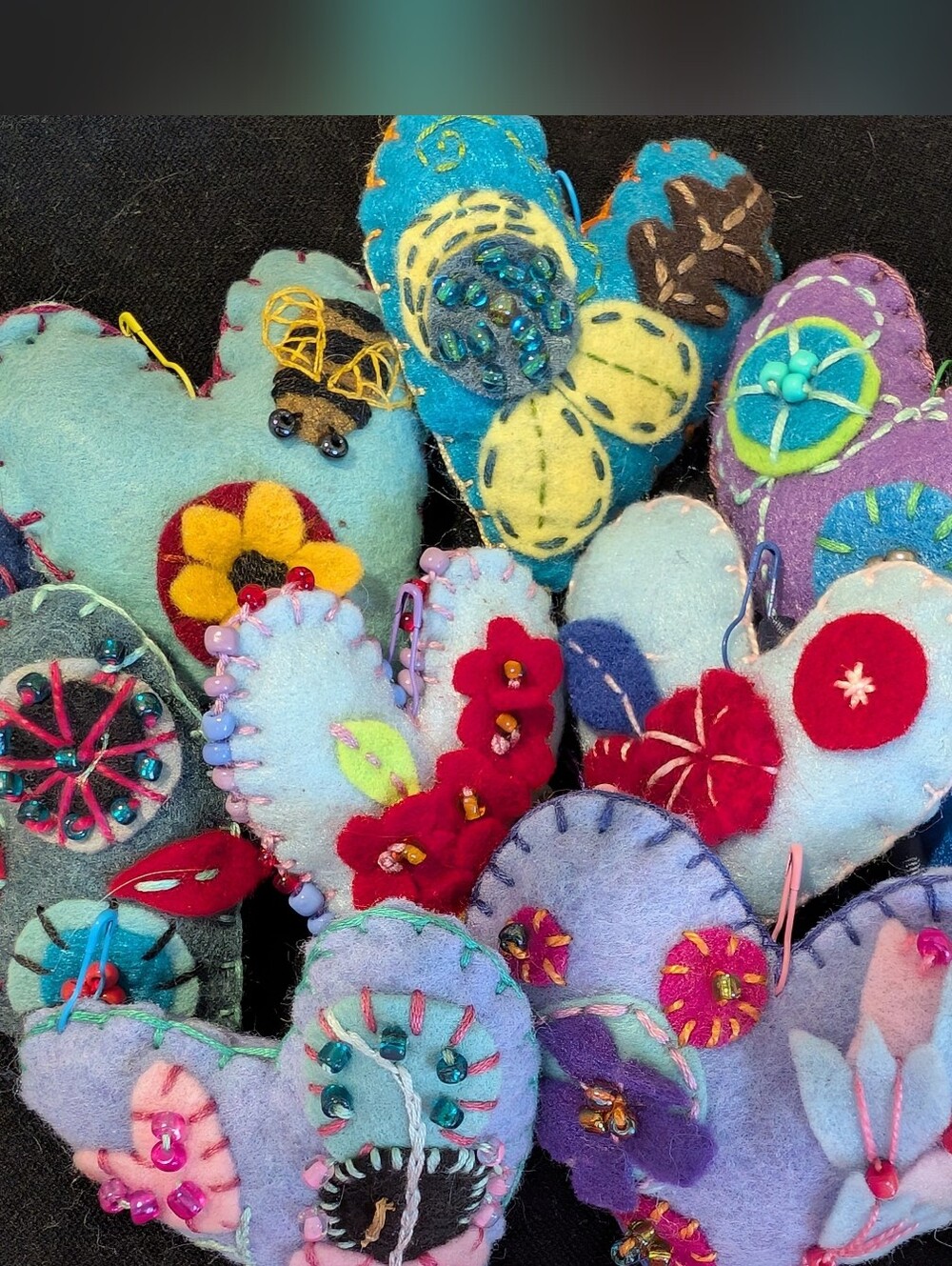 Set of Detailed Felt Heart Stuffies, Handmade, Party Favors or Decor